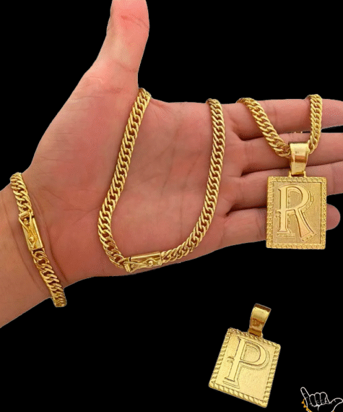 Kit Corrente Grumet Lacraia (7mm) + Pulseira+ Pingente Letra - Banhado a Ouro 18k