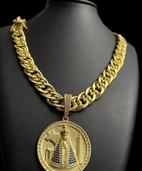 Cordão Romano 15mm + Pingente Nossa Senhora - Banhado a ouro 18k