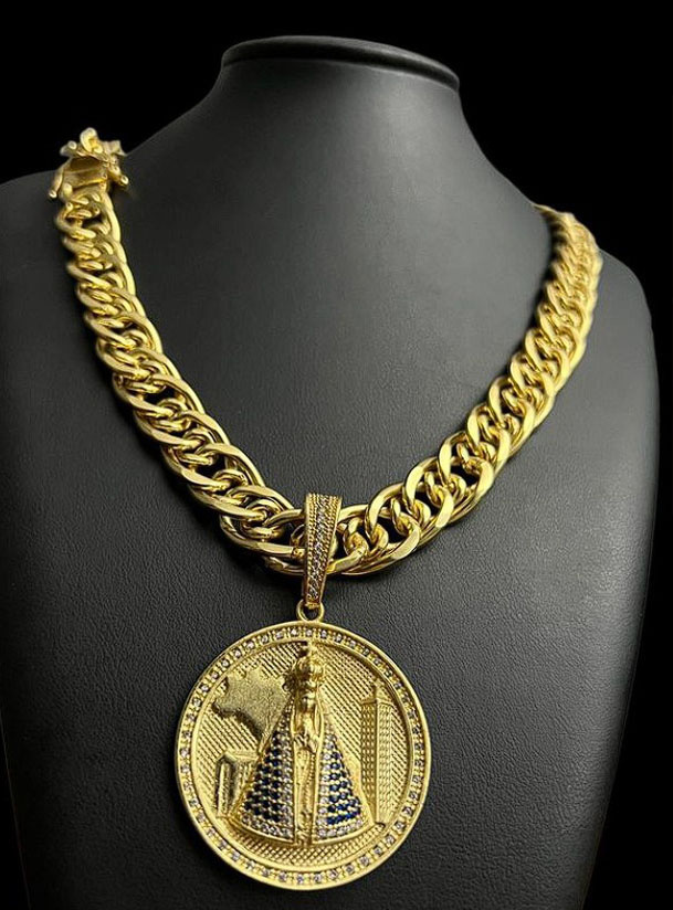 Cordao Romano 15Mm Pingente Nossa Senhora Banhado A Ouro 18K Preto
