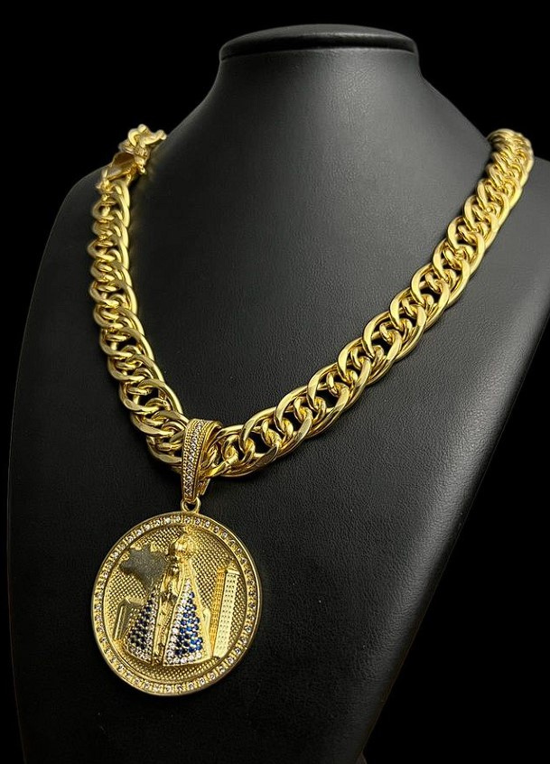 Cordao Romano 15Mm Pingente Nossa Senhora Banhado A Ouro 18K9