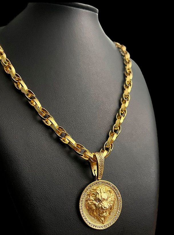 Cordao Trancado 8Mm Pingente Leao Banhado A Ouro 18K Preto
