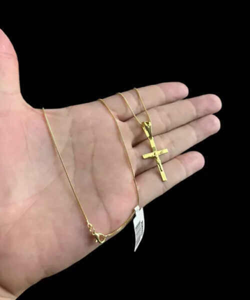 Cordão Veneziana 1mm + Pingente Cruz Cristo 3d - Banhado A Ouro