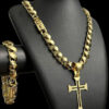 Cordao E Pulseira Friso S 13Mm Pingente Cruz Vazada Banhado A Ouro Preto