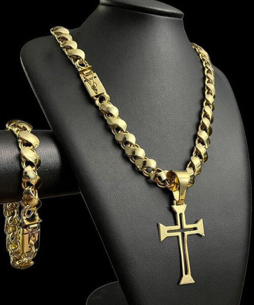Cordão e Pulseira Friso S 13mm + Pingente Cruz Vazada - Banhado a ouro 18k