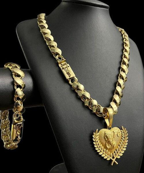 Cordão e Pulseira Friso S 13mm + Pingente Fé Coração - Banhado a ouro 18k