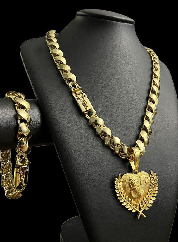 Cordao E Pulseira Friso S 13Mm Pingente Fe Coracao Banhado A Ouro Pretoo