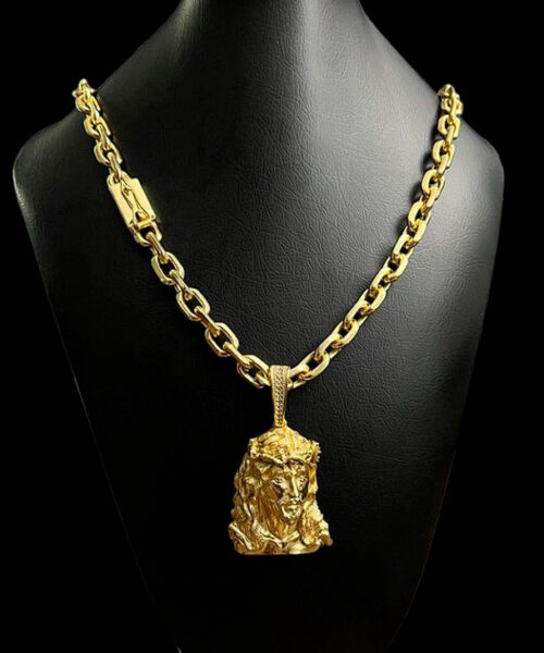 Cordão Cadeado 12mm + Pingente Jesus 3d - Banhado a ouro 18k