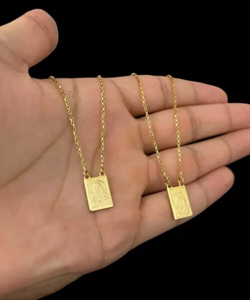 Escapulário 1mm Tijolinho Fé Versículo - Banhado a Ouro 18k