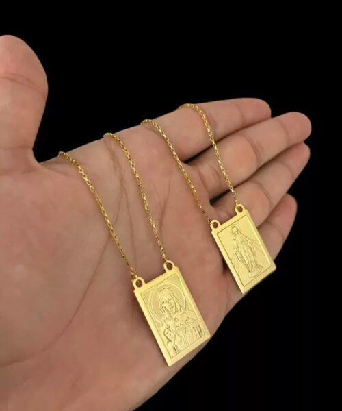 Escapulário Tijolinho 1mm Jesus Nossa Sra das Graças - Banhado A Ouro 18k