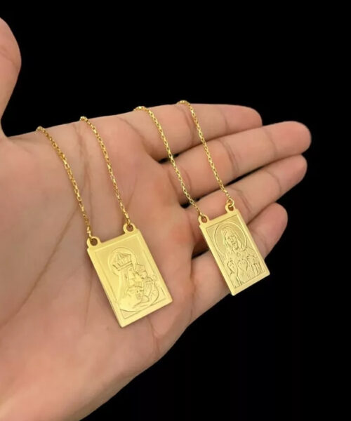 Escapulário Tijolinho 1mm Nossa Do Carmo Jesus Banhado A Ouro 18k