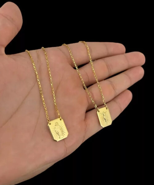 Escapulário Tijolinho 1mm Nossa Senhora Das Graças Jesus - Banhado A Ouro 18k