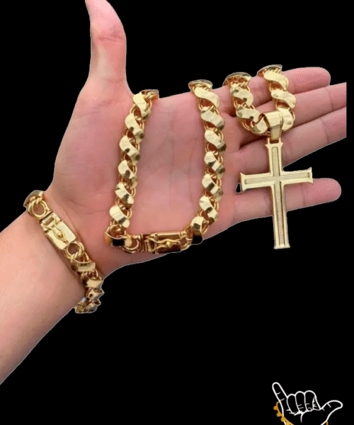 Kit Corrente Friso s Dupla Face (12mm) + Pulseira + Pingente Cruz - Banhado a Ouro 18k