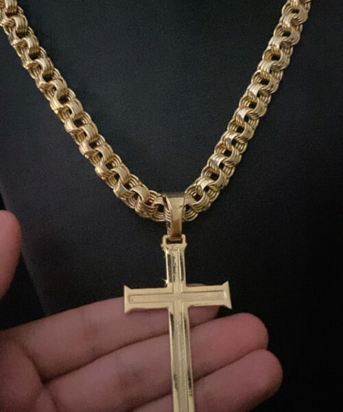 Cordão Friso 12mm + Pingente Cruz - Banhado a Ouro 18k
