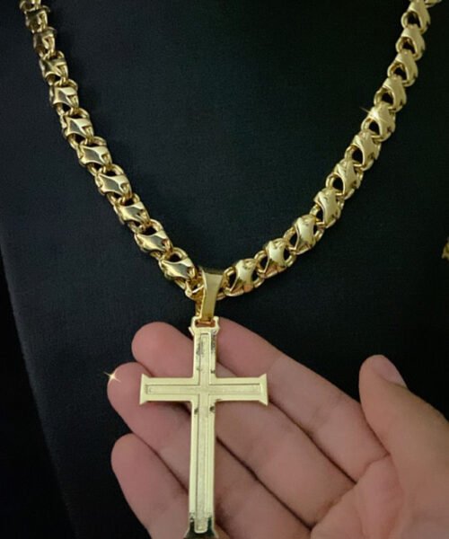 Cordão Friso x 12mm + Pingente Cruz - Banhado a Ouro 18k