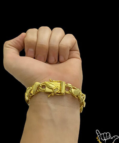 Pulseira Friso s Especial 12mm Fecho Mão Rezando - Banhado a Ouro 18k