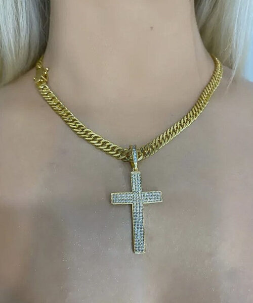 Cordão Grumet 7mm + Pingente Cruz Cravejada - Banhado a Ouro 18k