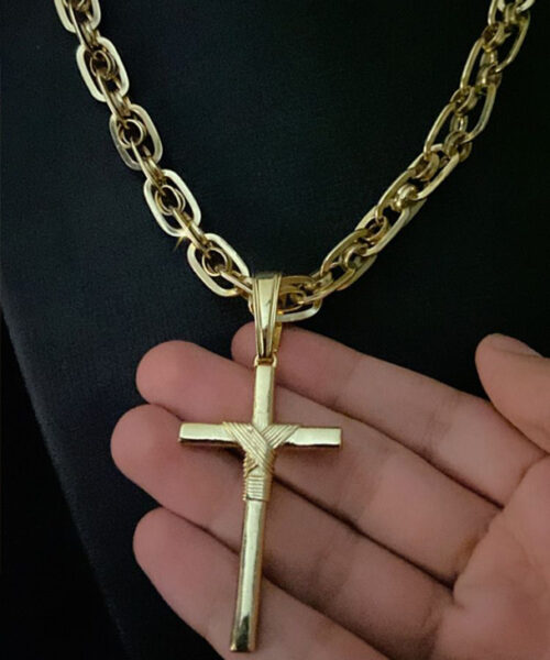 Cordão Imperador 10mm + Pingente Cruz Fio - Banhado a Ouro 18k