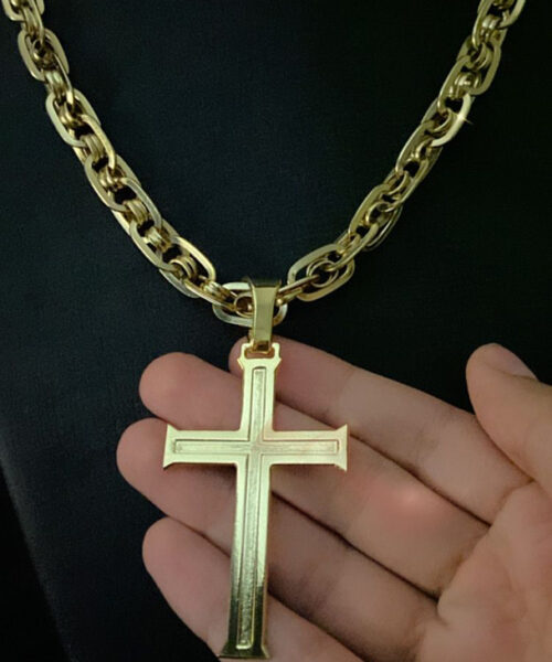 Cordão Imperador 10mm + Pingente Cruz - Banhado a Ouro 18k