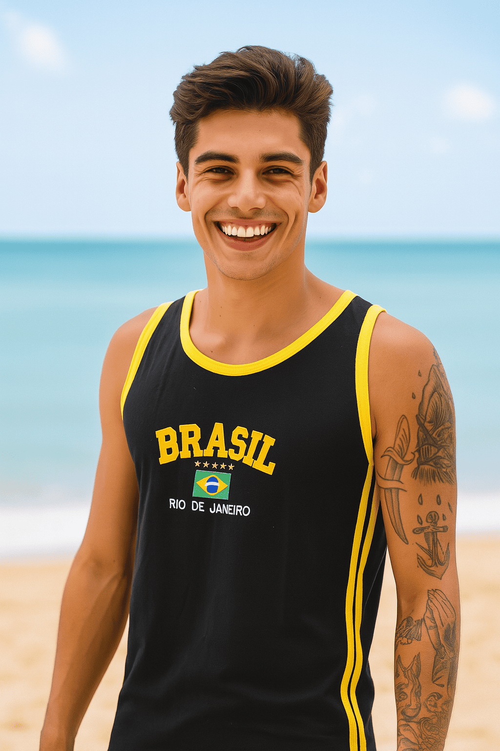 Jovem Na Praia Com Tema Brasil