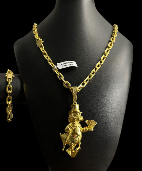 Kit 10mm Cadeado Cordão + Pulseira + Pingente Tio - Banhado a Ouro