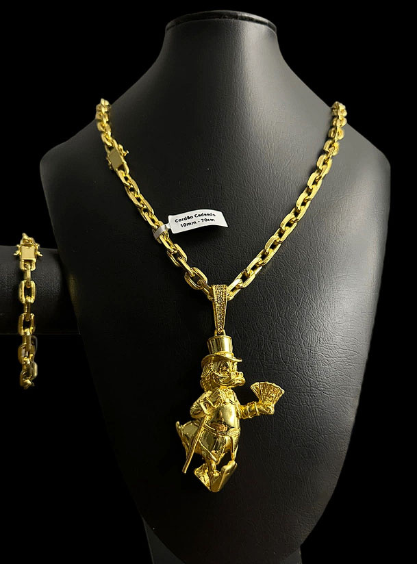 Kit 10Mm Cadeado Cordao Pulseira Pingente Banhado A Ouro