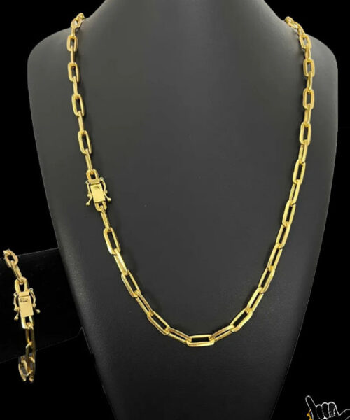 Kit Corrente Cadeado Alongado (7mm) + Pulseira - Banhado a Ouro 18k