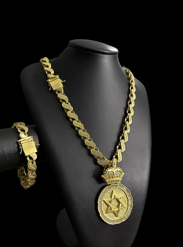 Kit Cordao Friso S 13Mm Cravejado Pulseira Pingente Personalizado Estrela De Davi Banhado A Ouro 18K5