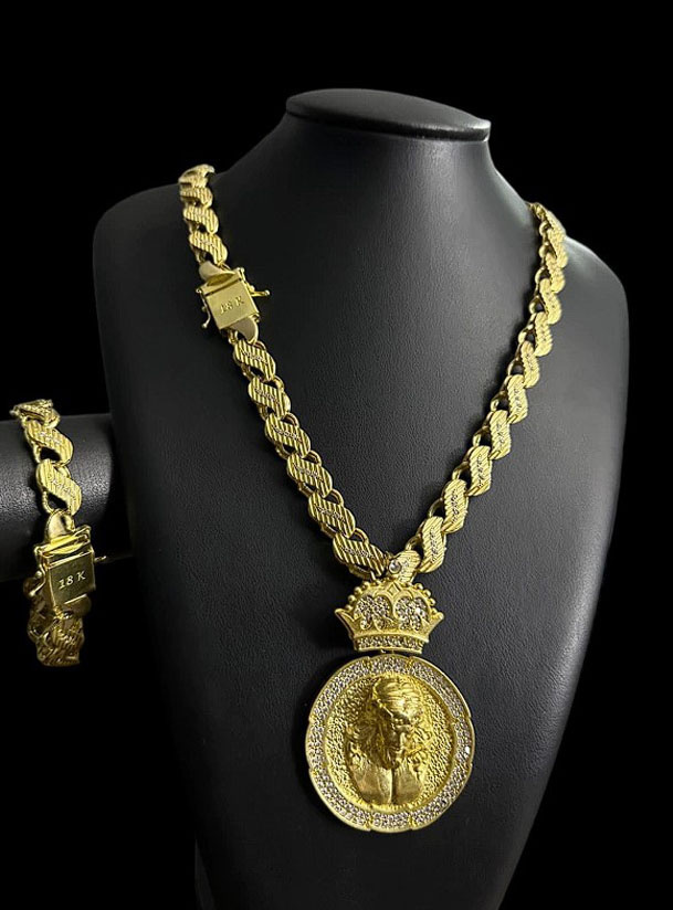 Kit Cordao Friso S 13Mm Cravejado Pulseira Pingente Personalizado Jesus Cristo Banhado A Ouro 18K Preto