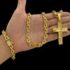 Kit Corrente Cadeado 10Mm Pingente Cruz Pulseira – Banhado A Ouro 18K4