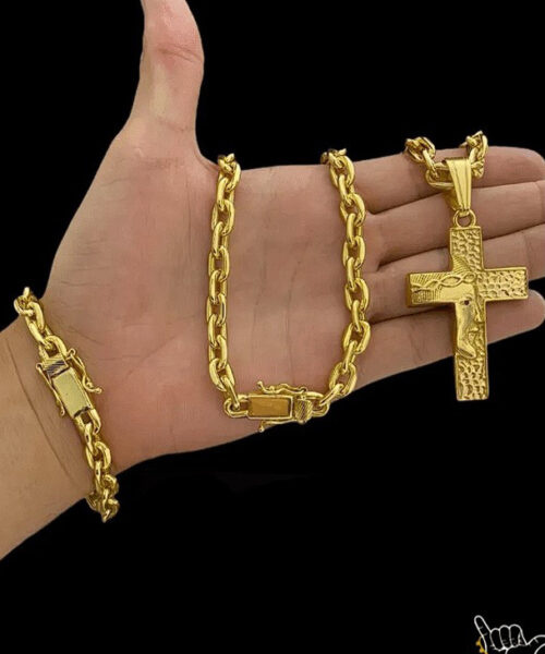 Kit Corrente Cadeado (10mm) + Pingente Cruz + Pulseira - Banhado a Ouro 18k