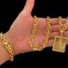 Kit Corrente Cadeado 10Mm Pulseira Pingente Rosto De Cristo Banhado A Ouro 18K