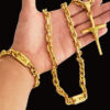 Kit Corrente Cadeado 12Mm Pulseira Pingente Crucifixo Fio – Banhado A Ouro 18K2