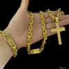Kit Corrente Cadeado 14Mm Pingente Cruz Pulseira – Banhado A Ouro 18K3