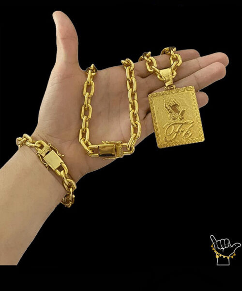 Kit Corrente Cadeado (14mm) + Pingente Fé + Pulseira - Banhado a Ouro 18k