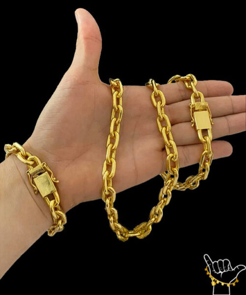 Kit Corrente Cadeado (14mm) + Pulseira - Banhado a Ouro 18k