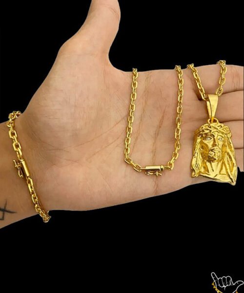 Kit Corrente Cadeado (3mm) + Pulseira + Pingente Rosto Jesus – Banhado a Ouro 18k