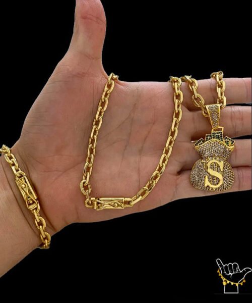 Kit Corrente Cadeado (6mm) + Pulseira + Pingente Dinheiro - Banhado a Ouro 18k