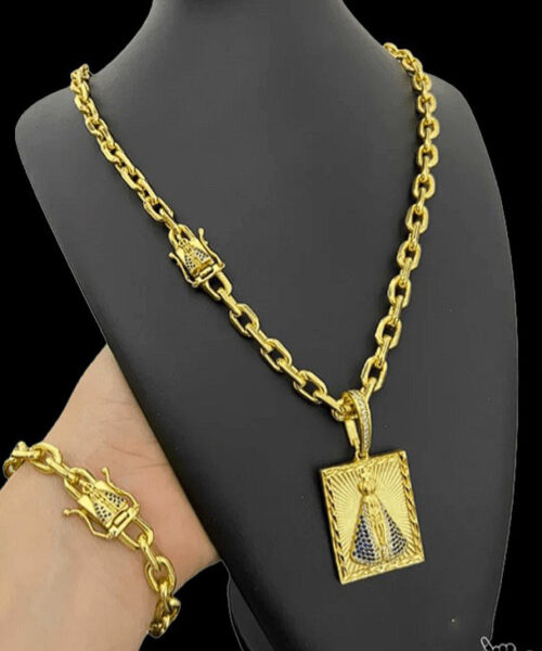 Kit Corrente Cadeado (8mm) + Pingente Nossa Senhora + Pulseira - Banhado a Ouro 18k
