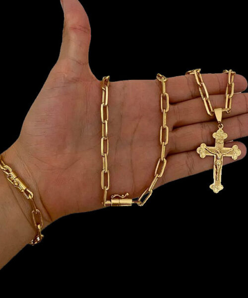 Kit Corrente Cadeado Alongado (7mm) + Pulseira + Pingente Cruz - Banhado a Ouro 18k