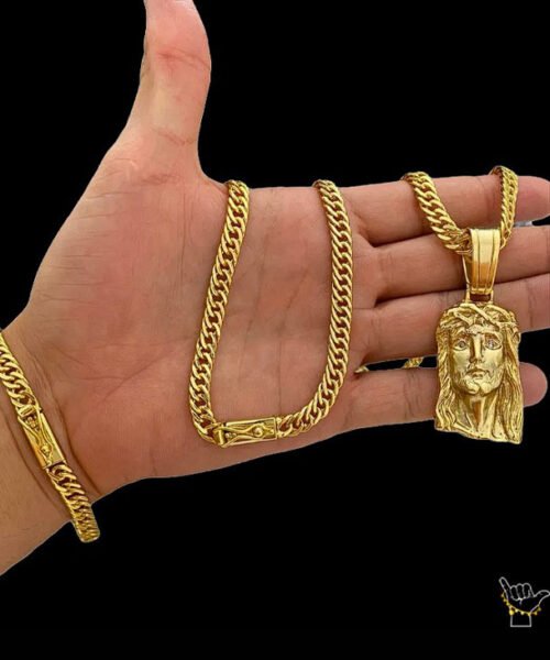 Kit Corrente Grumet Lacraia (7mm) + Pulseira+ Pingente Rosto Jesus - Banhado a Ouro 18k
