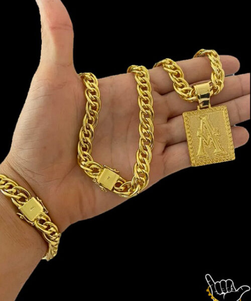 Kit Corrente Romana 750 (10mm) + Pulseira + Pingente Letra - Banhado a Ouro 18k