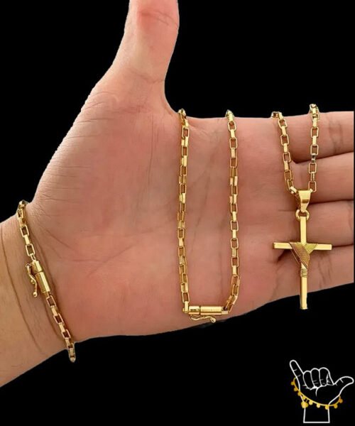 Kit Corrente Tijolinho (4mm) + Pulseira + Pingente Cruz Fio - Banhado a Ouro 18k