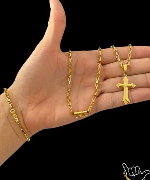 Kit Corrente Tijolinho (4mm) + Pulseira + Pingente Cruz - Banhado a Ouro 18k