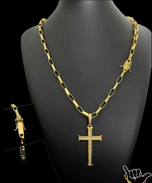 Kit Corrente Tijolinho (6mm) + Pulseira + Pingente Cruz - Banhado a Ouro 18k