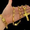 Kit Corrente Tijolinho 8Mm Pulseira Pingente Crucifixo Rosto – Banhado A Ouro 18K2