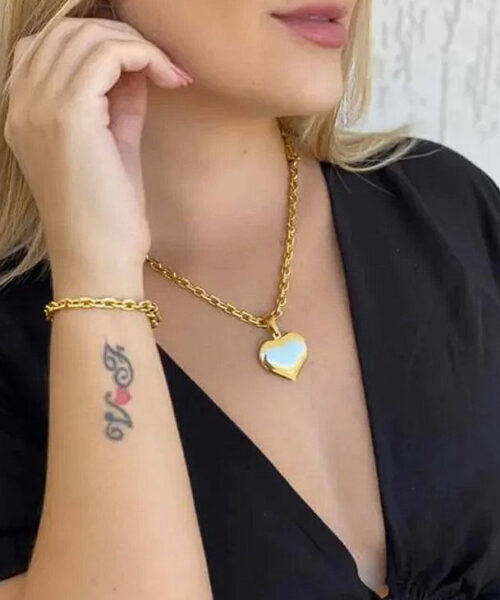 Kit Cordão Cadeado Feminino 6mm + Pulseira + Pingente Coração - Banhado a Ouro 18k