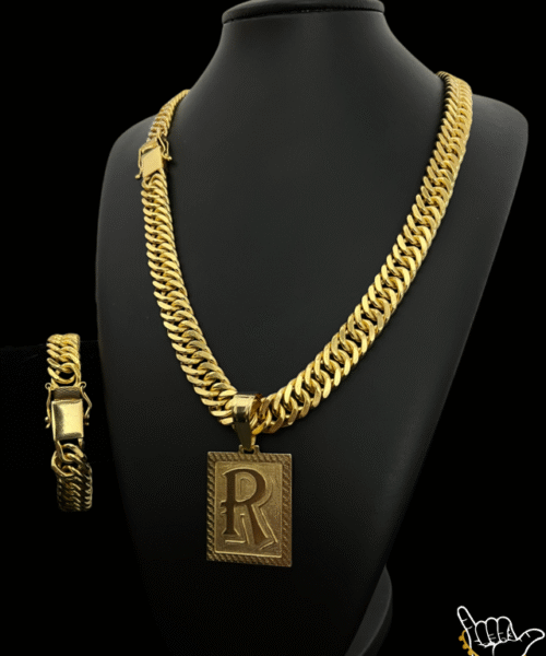 Kit Conjunto Grumet (13mm) Corrente + Pulseira + Pingente - Banhado a Ouro 18k