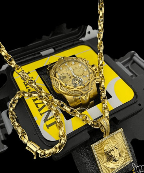 Kit Relógio Invicta + Corrente Trançado (8mm) + Pingente + Pulseira - Banhadas a Ouro 18k