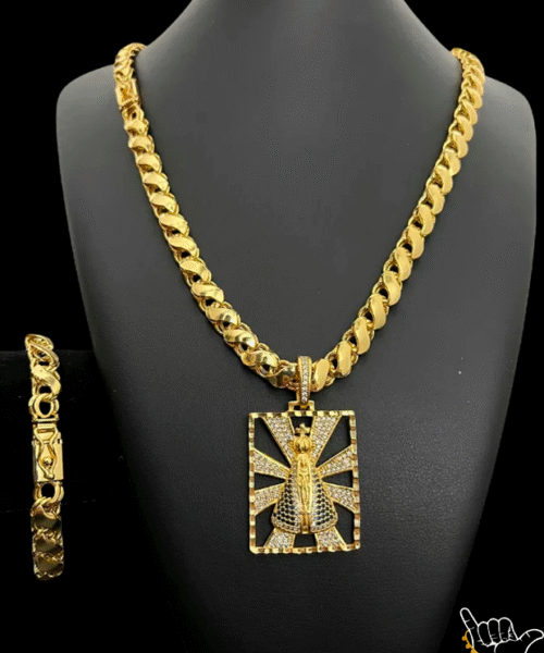 Kit Corrente Friso s Dupla Face (8mm) + Pulseira + Pingente Nossa Sra - Banhado a Ouro 18k