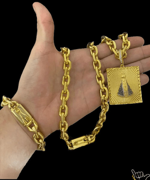 Kit Corrente Cadeado (12mm) + Pingente Nossa Senhora + Pulseira - Banhado a Ouro 18k